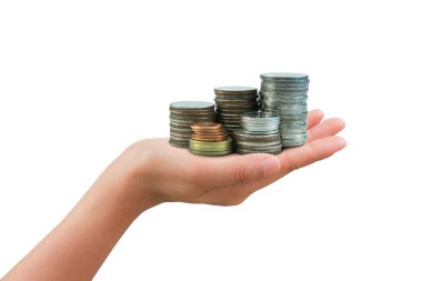 Sikke, beyaz arka plan üzerinde izole tutan kadın el