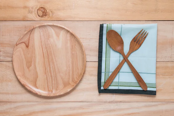 Spoon fork and dish wood — Stock Photo, Image