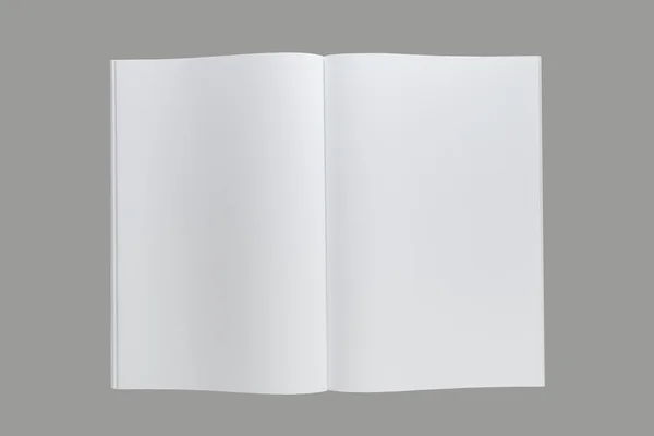 Geöffnetes a4 Buch oder Katalog oder Magazin isoliert auf grauem Hintergrund — Stockfoto