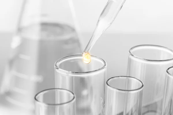 Лабораторна піпетка з краплями рідини над скляними пробірками — стокове фото
