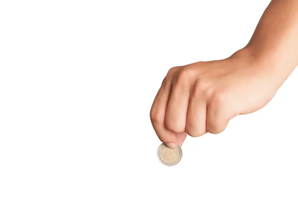 Mão de homem, segurando moeda de 2 euros isolada sobre fundo branco — Fotografia de Stock