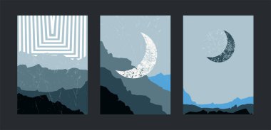 Dağlar ve ay arka planı. Minimalist poster.