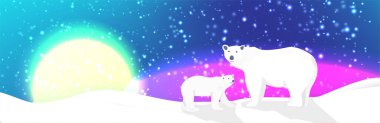Kutup ayıları ve kuzey ışıkları peyzaj vektörü