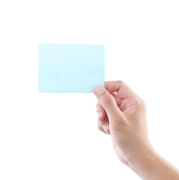 Hand som håller blå visitkort Stockbild
