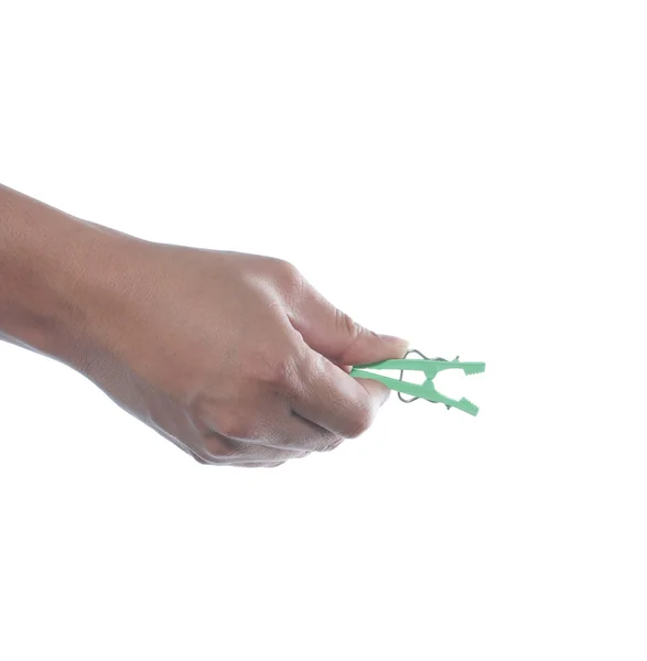 Mão segurando peg pano de plástico — Fotografia de Stock