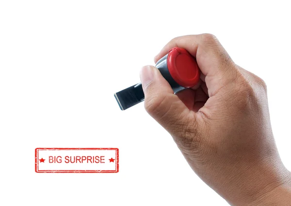 Hand hold big surprise rubber stamp — Stock Photo, Image