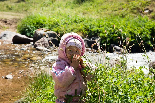 Lilla barn flicka på gräset på ängen — Stockfoto