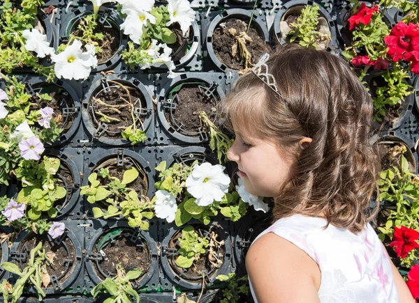 Niña en el parque cerca de las flores —  Fotos de Stock