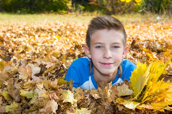 Boy teenager    in autumn park — Stock Photo, Image