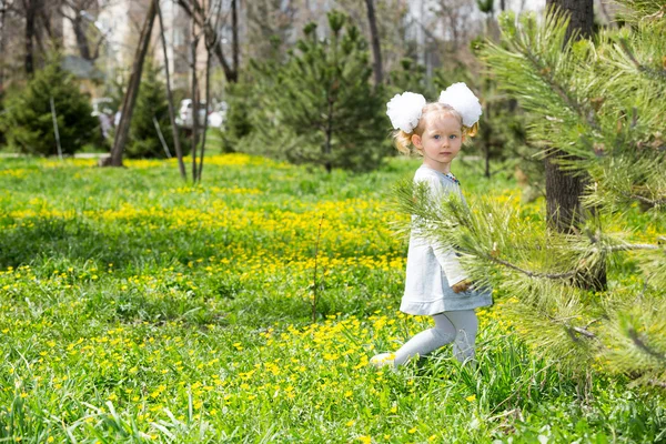 Kleines Mädchen im Gras auf der Wiese. — Stockfoto