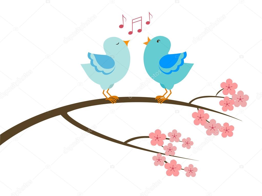 A stylized tree branch in bloom with a couple of singing birds. Vector illustration.