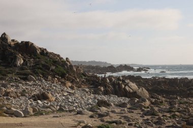 Plaj ve gökyüzü 17 mil sonra Pebble Beach, Monterey, California 'da.