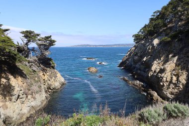 Kaliforniya 'daki Point Lobos Eyalet Parkı' nda kayalar, plajlar ve gökyüzü.