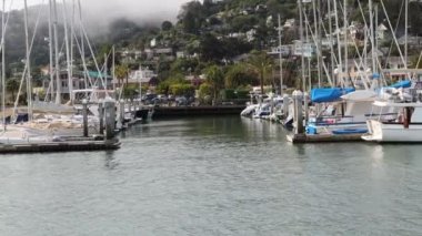 8-15-2021: Sausalito, California: Sausalito 'dan Tiburon' a yelken, Melek Adası, Alcatraz Adası, Golden Gate Köprüsü ve Körfez Köprüsü. Teknede Mathew Turner