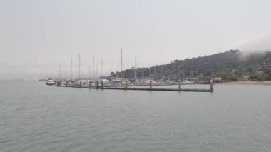 8-15-2021: Sausalito, California: Sausalito 'dan Tiburon' a yelken, Melek Adası, Alcatraz Adası, Golden Gate Köprüsü ve Körfez Köprüsü. Teknede Mathew Turner