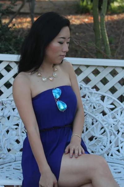 Pretty Chinese  girl in a blue dress — Stock Photo, Image