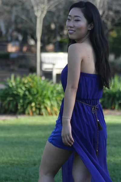 Menina chinesa bonita em um vestido azul — Fotografia de Stock