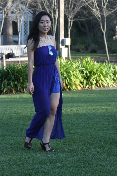 Menina chinesa bonita em um vestido azul — Fotografia de Stock