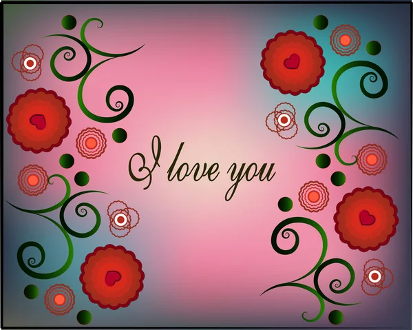 Belle carte de vœux avec des mots d'amour, tourbillons et fleurs — Image vectorielle
