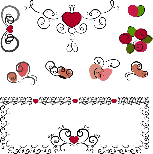Ilustración vectorial con corazón, remolino, mariposa y flor — Vector de stock