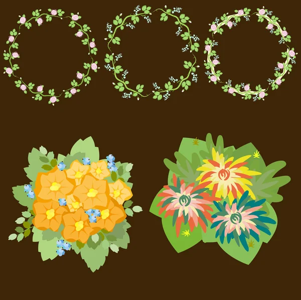 Coronas de flores y ramos sobre fondo marrón — Vector de stock