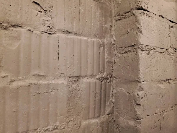 Grigio Marrone Struttura Ruvida Vecchio Mattone Incrinato Muro Angolo Primo — Foto Stock