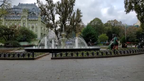 Elegant fountain on square of European city — Stock Video