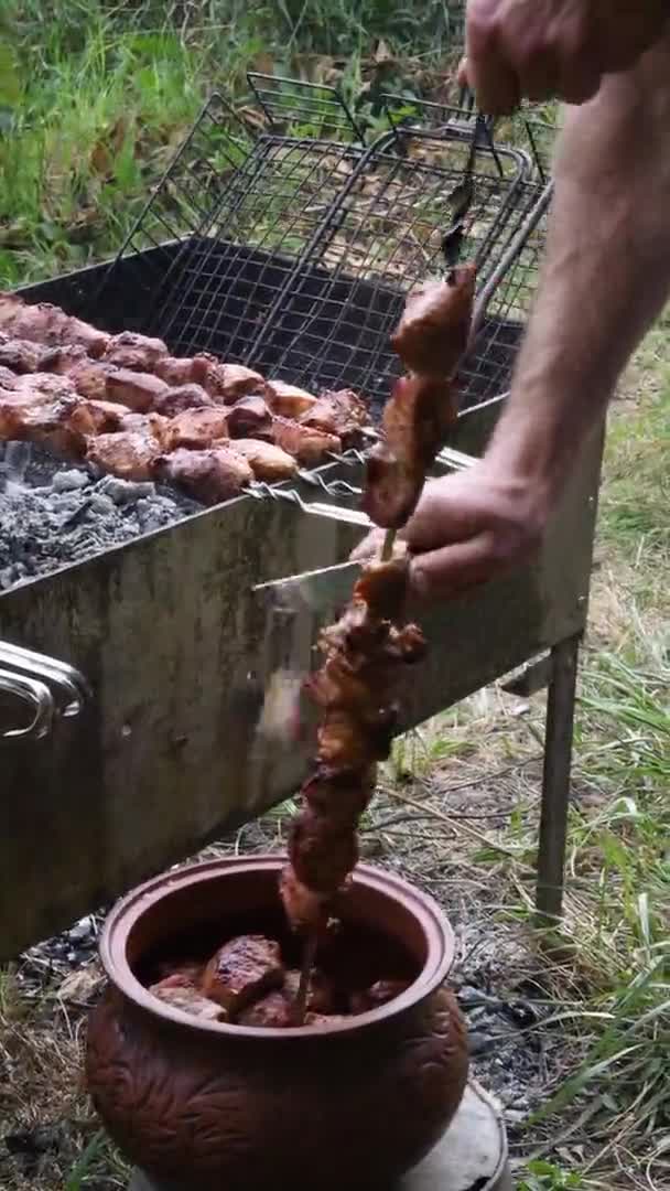 Video van verticaal formaat. Gegrilde varkensvlees kebab zetten van spies in aardewerk kom — Stockvideo