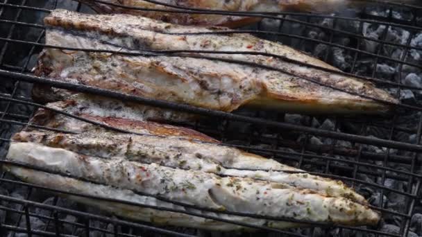 Closeup of tasty fish inside grill grid in smoke — Stock Video