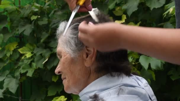 Cortar el cabello de la mujer mayor en casa mientras está en cuarentena — Vídeos de Stock