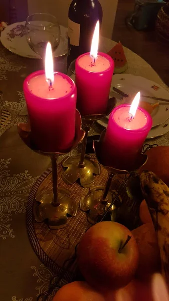 Holiday Table Three Red Candles Vintage Copper Candelabras Burning Candlesticks — Stock Photo, Image