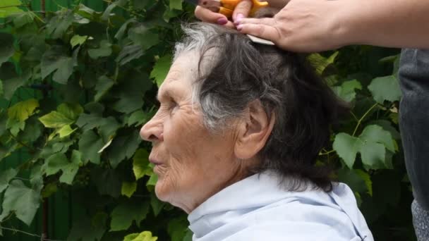 4K UHD视频镜头中，女性手在后院剪老年女性的头发 — 图库视频影像