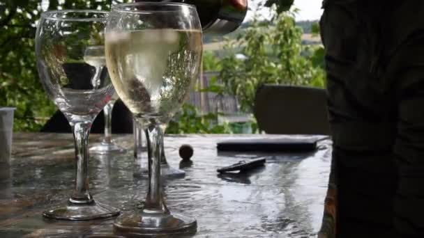 Witte wijn gieten in wijnglas met wazig achtergrond van terras in de tuin — Stockvideo