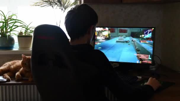 Time lapse backshot of teenage gamer playing video game Cyberpunk 2077 en casa con gato rojo cerca — Vídeos de Stock