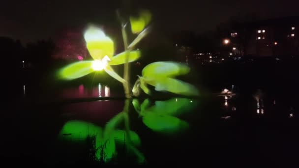 Lichtshow blühender Blumen Projektionen über Teichwasser im Botanischen Garten Berlin Deutschland — Stockvideo