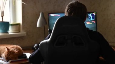 Evde kırmızı kediyle FPS video oyunu oynayan genç oyuncunun zaman aşımına uğramış görüntüsü.