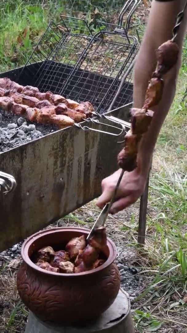 Verticale beelden. Gegrilde varkensvlees kebab zetten van spies in aardewerk kom — Stockvideo