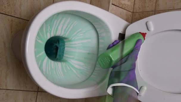 Tangan mengaplikasikan pembersih toilet dan wajan keramik putih bersih. 4K Latar waktu rekaman vertikal — Stok Video