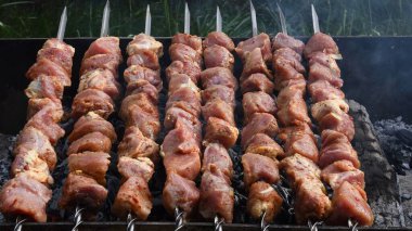 Şişler üzerinde marine edilmiş çiğ et kömür ızgarasını uçan dumanla kaplıyor.