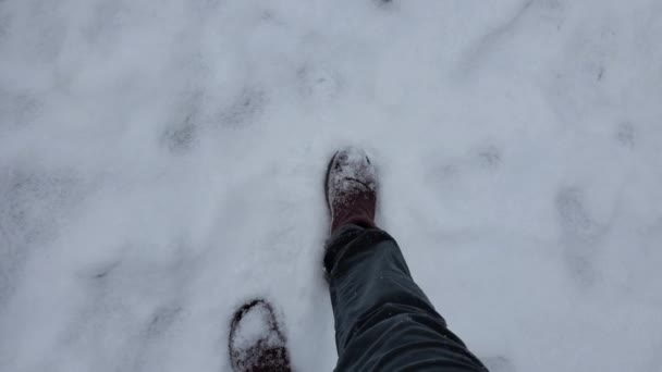 POV piedi passo da neve al rallentatore — Video Stock