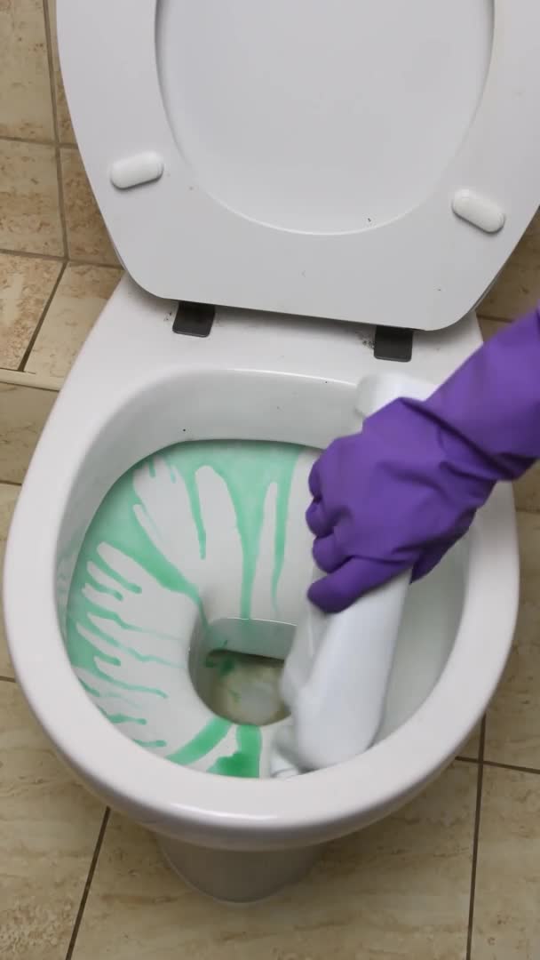 Huishoudster hand brengt wc-pot schoner en spoelwater. 4K Verticale beelden — Stockvideo