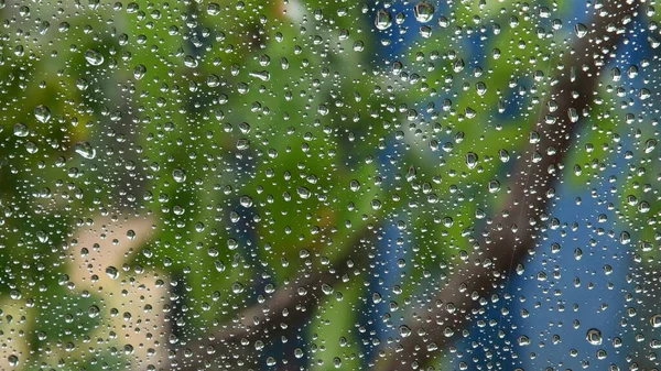 Gotas de lluvia sobre superficie de vidrio transparente con fondo borroso — Foto de Stock