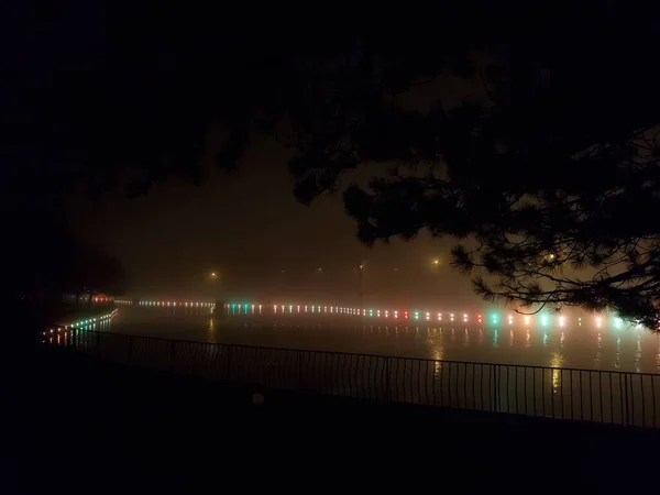 Magic colorful illumination of pond in night — Stock Photo, Image