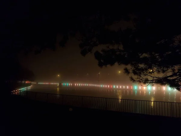 Magica illuminazione colorata di stagno nella notte — Foto Stock