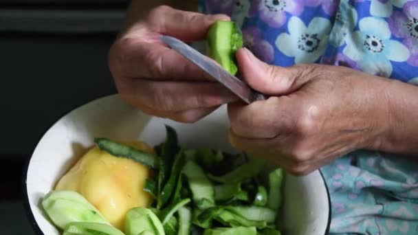 Ліворуч похилого віку 80-х жіночі руки вирізали огіркові пілінги ножем — стокове відео