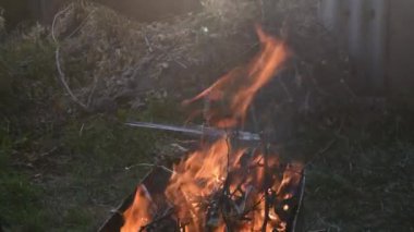 Dışarıda yangın var. Kamp ateşinde kurumuş dal ve dallar bulanık kırsal arka planda.