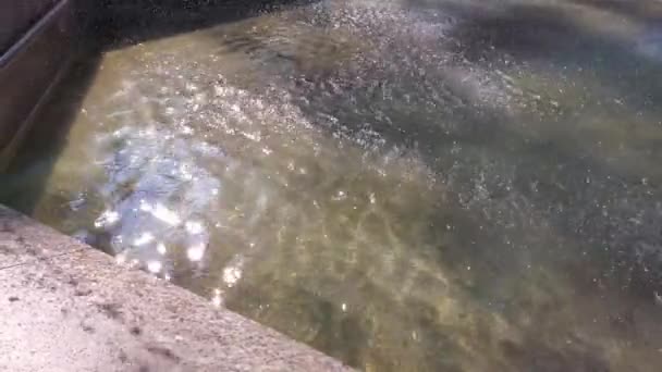 Ombre sfocate al bordo della fontana di marmo e superficie dell'acqua increspata con razzi solari — Video Stock