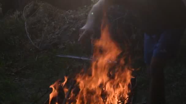 Le mani dell'uomo mettono ramoscelli e rami secchi nella fiamma del fuoco contro lo sfondo rustico sfocato — Video Stock