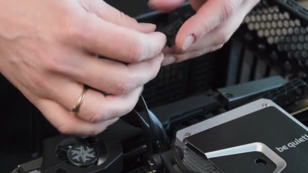 Мужчина держит кабель питания с вилками, пытаясь подключиться к GPU — стоковое видео