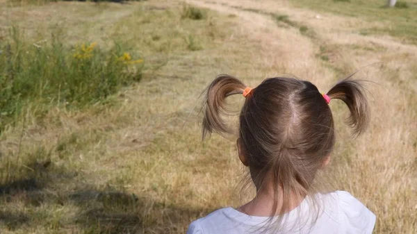 Parte posterior de la niña rubia con pelo de cola de caballo al aire libre —  Fotos de Stock